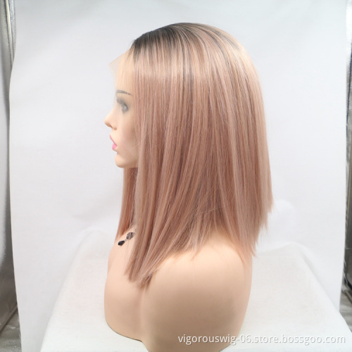 Bob blonde straight ombre wholesale high quality heat resistant cheap synthetic short wig with lace front